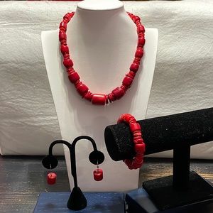 NWOT Blood red Coral and sterling necklace, bracelet, earring set